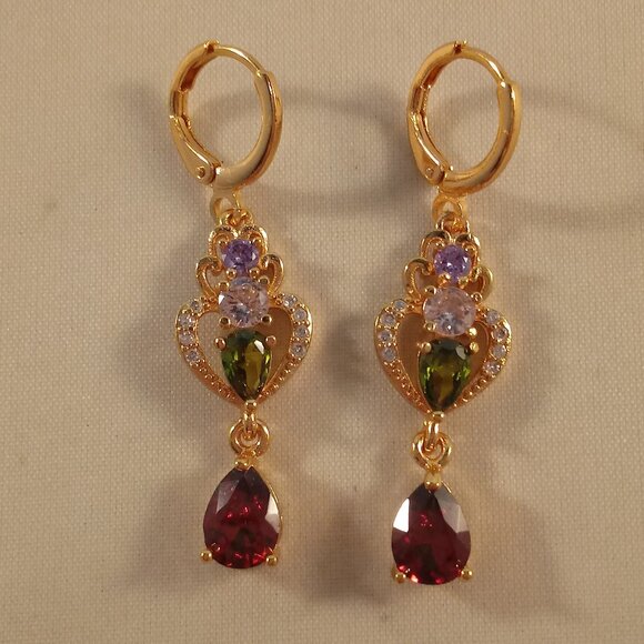 Jewelry - 18K Yellow Gold Filled 3 Tier Heart Ruby Red Olive Green Zircon Dangle Earrings